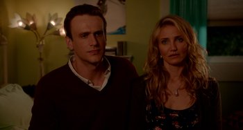 Movie still from “Sex Tape” (2014), directed by Jake Kasdan – A man and a woman standing next to each other in a room; Close Up shot, Over the shoulder angle