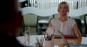 Movie still from “Sex Tape” (2014), directed by Jake Kasdan – A woman sitting at a table in front of a mirror; Medium shot, Over the shoulder angle