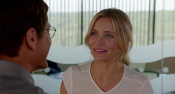 Movie still from “Sex Tape” (2014), directed by Jake Kasdan – A woman in a white shirt is talking to a man in glasses; Close Up shot, Over the shoulder angle