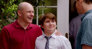 Movie still from “Sex Tape” (2014), directed by Jake Kasdan – A man and a young boy standing next to each other; Medium shot, Over the shoulder angle