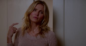 Movie still from “Sex Tape” (2014), directed by Jake Kasdan – A woman with long blonde hair is looking at the camera; Close Up shot, Over the shoulder angle