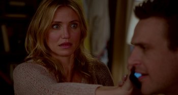 Movie still from “Sex Tape” (2014), directed by Jake Kasdan – A person talking on a cell phone; Close Up shot, Over the shoulder angle