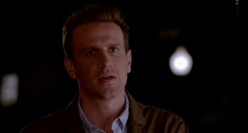 Movie still from “Sex Tape” (2014), directed by Jake Kasdan – A person wearing a brown jacket; Close Up shot, Over the shoulder angle