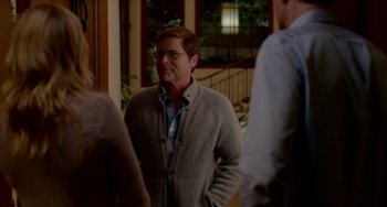 Movie still from “Sex Tape” (2014), directed by Jake Kasdan – A man standing in front of two other men; Medium shot, Over the shoulder angle