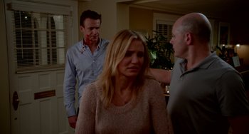 Movie still from “Sex Tape” (2014), directed by Jake Kasdan – Two men and a woman in a living room; Medium shot, Over the shoulder angle