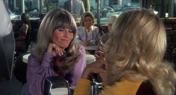 Movie still from “Shampoo” (1975), directed by Hal Ashby – Two women sitting at a table in front of each other; Close Up shot, Over the shoulder angle