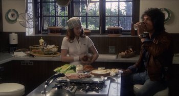 Movie still from “Shampoo” (1975), directed by Hal Ashby – A woman is preparing food in a kitchen; Medium shot, Over the shoulder angle