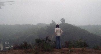 Movie still from “Shampoo” (1975), directed by Hal Ashby – A man standing on a hill looking out into the distance; Extreme Wide shot, High angle