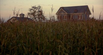 Movie still from “Signs” (2002), directed by M. Night Shyamalan – A house in the middle of a corn field; Extreme Wide shot, Low angle