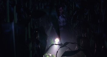 Movie still from “Signs” (2002), directed by M. Night Shyamalan – A man standing in a field at night with a flashlight; Wide shot, Low angle