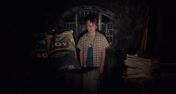 Movie still from “Signs” (2002), directed by M. Night Shyamalan – A young boy standing in front of a pile of food; Medium shot, High angle