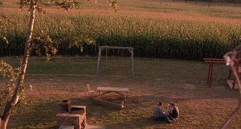 Movie still from “Signs” (2002), directed by M. Night Shyamalan – Two people sitting on the ground near a swing set; Extreme Wide shot, High angle