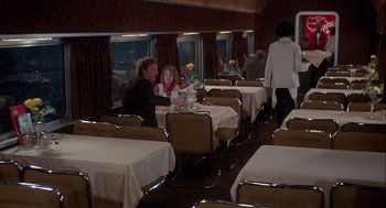 Movie still from “Silver Streak” (1976), directed by Arthur Hiller – People are sitting at tables in a restaurant car; Wide shot, High angle