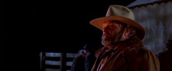 Movie still from “Silverado” (1985), directed by Lawrence Kasdan – A man with a beard wearing a cowboy hat; Close Up shot, Low angle