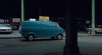 Movie still from “Sisters” (1972), directed by Brian De Palma – A van is driving down the street at night; Wide shot, High angle