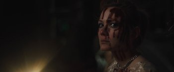 Movie still from “Skin” (2018), directed by Guy Nattiv – A woman with blood all over her face and neck; Close Up shot, Over the shoulder angle