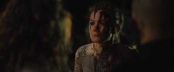 Movie still from “Skin” (2018), directed by Guy Nattiv – A woman with blood all over her face and neck; Close Up shot, Over the shoulder angle