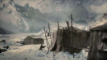 Movie still from “Sky Captain and the World of Tomorrow” (2004), directed by Kerry Conran – An image of an old style tent set up in the snow; Extreme Wide shot, High angle