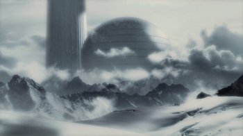 Movie still from “Sky Captain and the World of Tomorrow” (2004), directed by Kerry Conran – An artistic painting of an alien landscape with mountains and clouds; Extreme Wide shot, Low angle