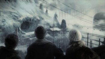 Movie still from “Sky Captain and the World of Tomorrow” (2004), directed by Kerry Conran – Two people are looking out over a snowy city; Extreme Wide shot, High angle