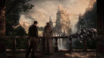 Movie still from “Sky Captain and the World of Tomorrow” (2004), directed by Kerry Conran – A man and a woman standing on a balcony looking at a waterfall; Wide shot, High angle