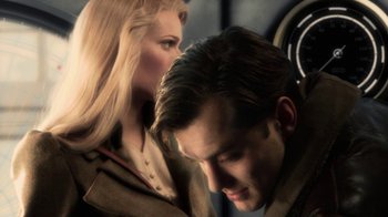 Movie still from “Sky Captain and the World of Tomorrow” (2004), directed by Kerry Conran – A man and a woman looking at each other; Close Up shot, Over the shoulder angle