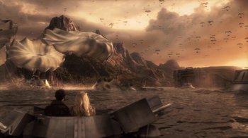 Movie still from “Sky Captain and the World of Tomorrow” (2004), directed by Kerry Conran – Two people sitting in a boat on a body of water; Extreme Wide shot, High angle