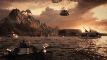 Movie still from “Sky Captain and the World of Tomorrow” (2004), directed by Kerry Conran – An image of a boat in the water with parachutists in the background; Extreme Wide shot, High angle