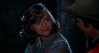 Movie still from “Smokey and the Bandit II” (1980), directed by Hal Needham – A young woman with brown curly hair and a plaid shirt; Close Up shot, Over the shoulder angle