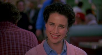 Movie still from “Groundhog Day” (1993), directed by Harold Ramis – A person wearing a shirt and jacket; Close Up shot, Over the shoulder angle