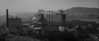 Movie still from “Sons and Lovers” (1960), directed by Jack Cardiff – An old factory is shown in black and white; Extreme Wide shot, High angle