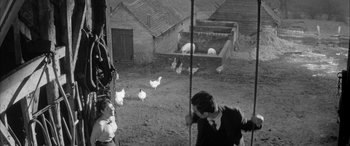 Movie still from “Sons and Lovers” (1960), directed by Jack Cardiff – A black - and - white photo of chickens in an open field; Wide shot, High angle