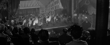 Movie still from “Sons and Lovers” (1960), directed by Jack Cardiff – A group of people are watching a performance; Wide shot, High angle