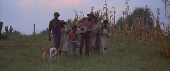 Movie still from “Sounder” (1972), directed by Martin Ritt – A group of people walking through a field with a dog; Wide shot, Low angle