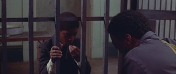 Movie still from “Sounder” (1972), directed by Martin Ritt – Two men are looking through bars of a jail cell; Close Up shot, High angle