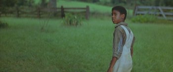 Movie still from “Sounder” (1972), directed by Martin Ritt – A young boy standing in the grass near a wooden fence; Medium shot, Over the shoulder angle