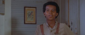 Movie still from “Sounder” (1972), directed by Martin Ritt – A young man standing in front of a painting of a bird; Close Up shot, Low angle