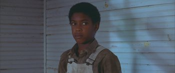 Movie still from “Sounder” (1972), directed by Martin Ritt – A young boy wearing a brown shirt and white shirt; Close Up shot, Low angle