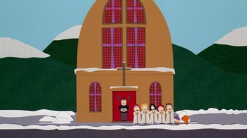 Movie still from “South Park: Bigger, Longer & Uncut” (1999), directed by Trey Parker – A group of people standing in front of a church; Extreme Wide shot, High angle