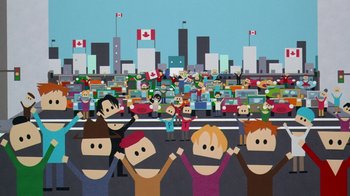 Movie still from “South Park: Bigger, Longer & Uncut” (1999), directed by Trey Parker – A group of people standing in front of a city; Medium shot, High angle