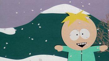 Movie still from “South Park: Bigger, Longer & Uncut” (1999), directed by Trey Parker – A character from south park; Medium shot, Overhead angle