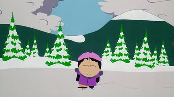 Movie still from “South Park: Bigger, Longer & Uncut” (1999), directed by Trey Parker – A girl in a purple jacket standing in the snow; Medium shot, High angle