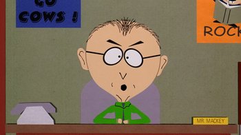 Movie still from “South Park: Bigger, Longer & Uncut” (1999), directed by Trey Parker – A drawing of a man with a surprised look on his face; Close Up shot, Low angle