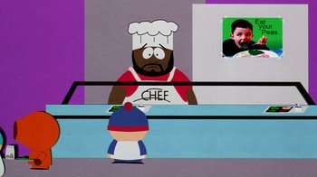 Movie still from “South Park: Bigger, Longer & Uncut” (1999), directed by Trey Parker – A cartoon of a chef in a wrestling ring with a kid; Medium shot, Over the shoulder angle