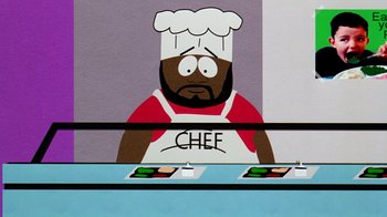 Movie still from “South Park: Bigger, Longer & Uncut” (1999), directed by Trey Parker – A cartoon picture of a man in a chef's outfit; Medium shot, Low angle