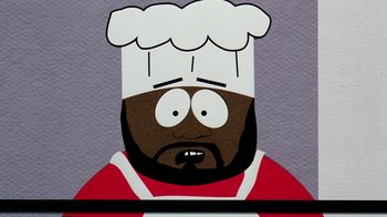 Movie still from “South Park: Bigger, Longer & Uncut” (1999), directed by Trey Parker – A cartoon character with a chef's hat on; Extreme Close Up shot, Overhead angle