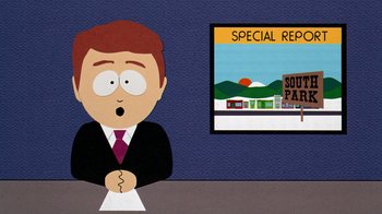Movie still from “South Park: Bigger, Longer & Uncut” (1999), directed by Trey Parker – A man sitting at a desk in front of a television; Medium shot, Over the shoulder angle