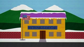 Movie still from “South Park: Bigger, Longer & Uncut” (1999), directed by Trey Parker – An illustration of the south park elementary school; Extreme Wide shot, Overhead angle