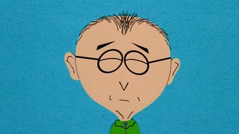 Movie still from “South Park: Bigger, Longer & Uncut” (1999), directed by Trey Parker – A drawing of a bald man with glasses on; Close Up shot, Low angle