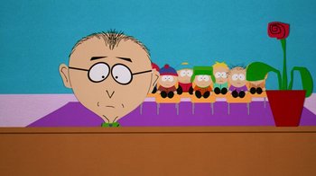 Movie still from “South Park: Bigger, Longer & Uncut” (1999), directed by Trey Parker – A cartoon of a man with a bunch of people in the background; Medium shot, Low angle